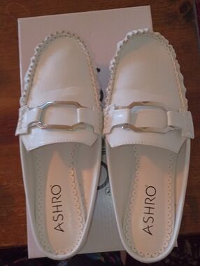 RUSH HOUR SHOE. ASOS White Patent Loafer mules with Silver Buckle